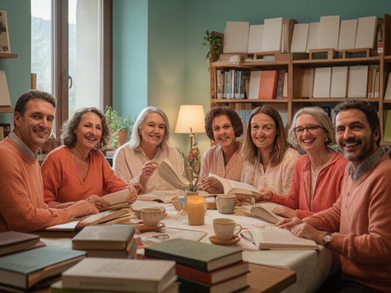 Gruppo di lettori riuniti in una sala accogliente di San Pietro Val Lemina, con libri aperti e sorrisi