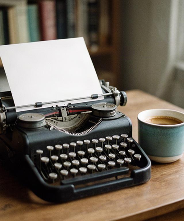 Macchina da scrivere vintage con foglio bianco e tazza di caffe su un tavolo del circolo