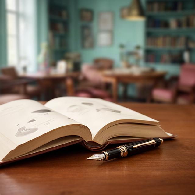 Libro aperto accanto a una penna su un tavolo di legno, con una sala di lettura sfocata sullo sfondo