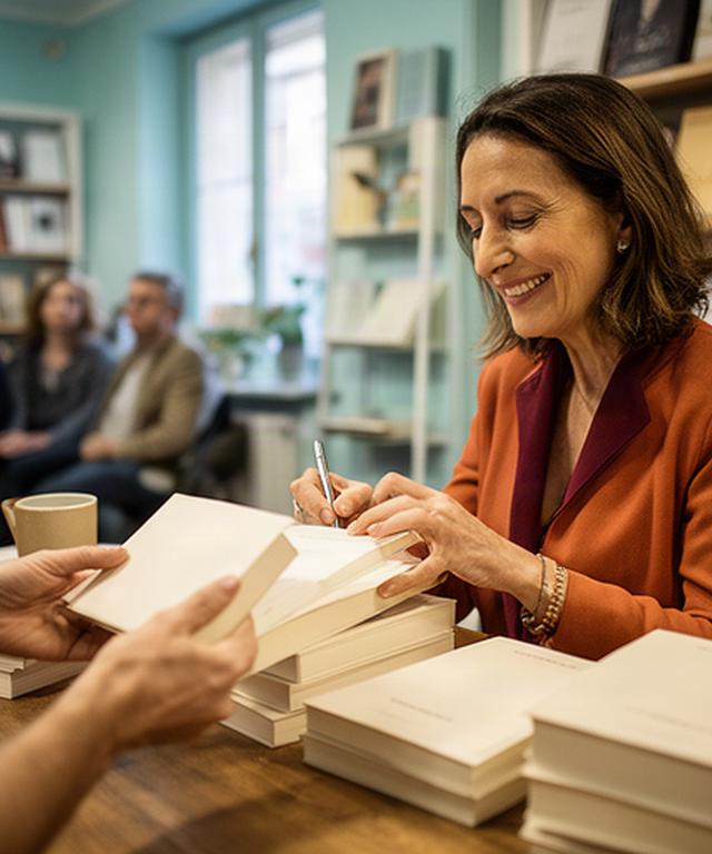 Autrice che firma copie durante un incontro letterario in una libreria del Piemonte